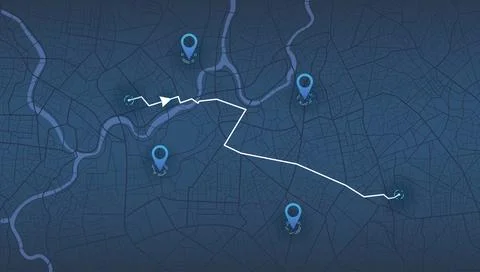 Blue urban map with white navigation route line and location markers. Vector Stock Illustration