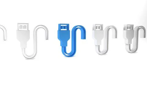 Blue USB cable cord icon isolated on white background. Connectors and socke.. Illustrazione stock