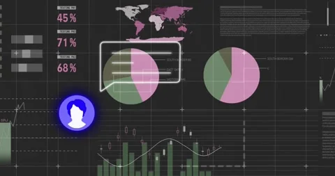 Blue user-avatar icon floating left beside stacked metrics and rotating pie Stock Footage 328252081