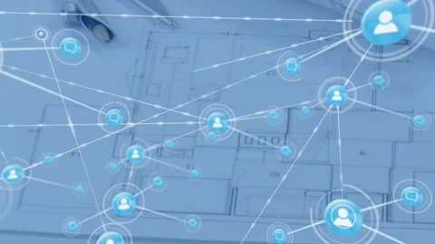 Blue user icon appearing over center, starting network extending links, mapping Stock Footage 331005999