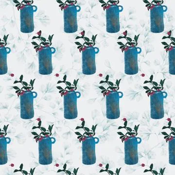 Blue vase seamless repeat pattern. leaf pattern background, little cherry, kitch Stock Illustration