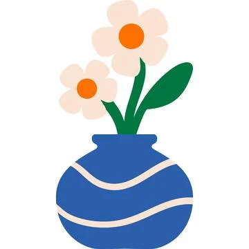 Blue vase with white wavy lines and white flowers flat floral illustration イラスト素材