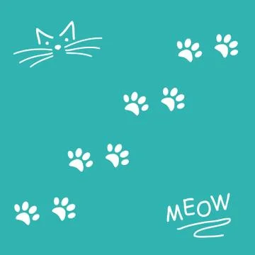 Blue vector background, with white kitten footprints. Stock Illustration