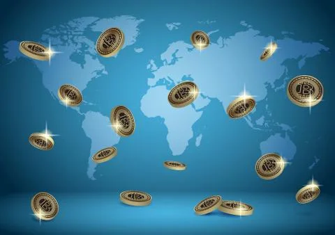 Blue vector background with world map and bitcoins Illustrazione stock