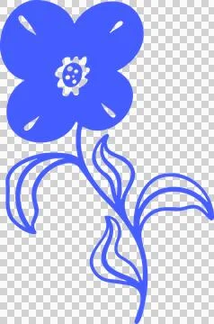 Blue vector flower unfolding, jagged stamens curving stem waving leaves on Stock Illustration