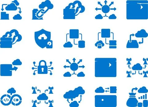 Blue Vector Icon Set Illustrating Cloud Computing Network Infrastructure an.. Stock Illustration
