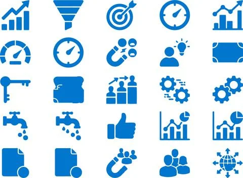 Blue Vector Icon Set Representing Business Strategy Data Analysis and Manag.. Illustrazione stock