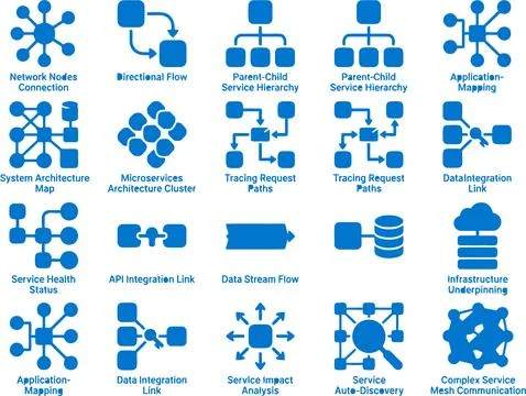 Blue Vector Icon Set Representing Network System Architecture and Data Flow.. イラスト素材