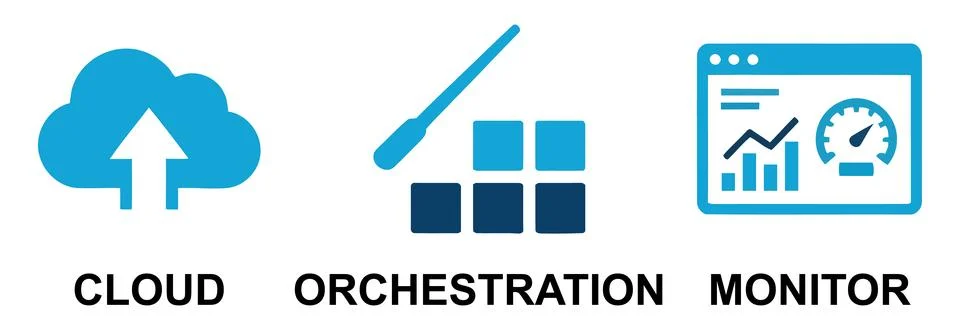 Blue vector icons represent cloud infrastructure, service orchestration, an.. Stock Illustration