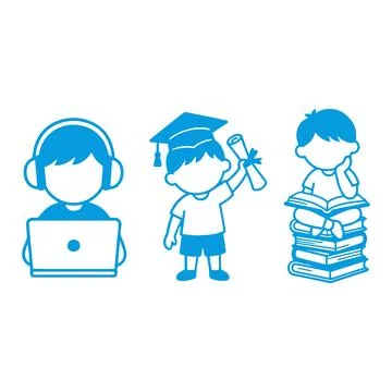 Blue Vector Illustration of Children Engaged in Various Educational Activit.. 스톡 일러스트