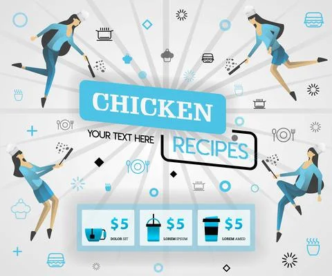 Blue vector illustration concept. chicken recipes recipes cover book.  health Stock Illustration