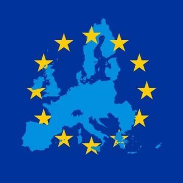 Blue vector map of European Union combined with 12 yellow stars of EU flag Stock Illustration