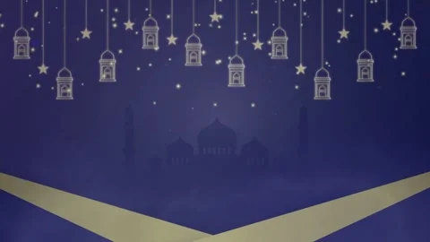 Blue Vector Mosque Background with Flat Gold Lanterns Stock Footage 336013594