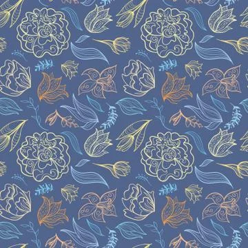 Blue Vector Outline Floral Pattern Stock Illustration