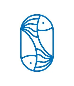 Blue vector round sea or river fish and waves line logo icon. Simple modern Stock Illustration