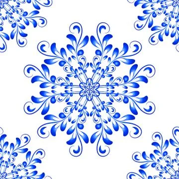 Blue Vector Seamless Mandala Pattern in Gzhel style Stock Illustration