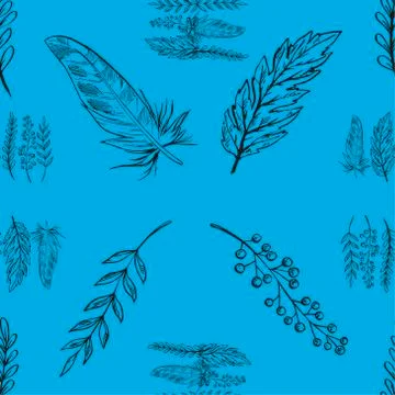 Blue vector seamless pattern with hand drawn branches, leaves and feathers. Illustrazione stock