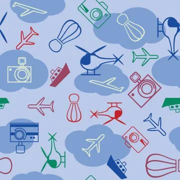 Blue Vector Travel The World with camera, helicopter, clouds seamless Stock Illustration