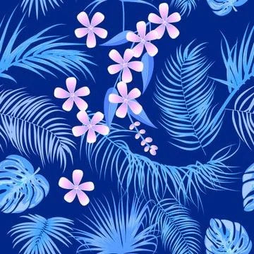Blue vector tropical seamless pattern with  leaves of palm tree and flowers. 스톡 일러스트