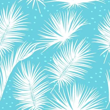 Blue vector tropical seamless pattern with  leaves of palm tree and flowers. 스톡 일러스트