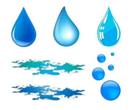 Blue vector waterdrop and puddle set isolated on white background Stock Illustration