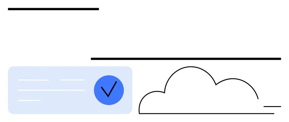 Blue verified check mark on rectangular box with minimalist cloud and lines.. イラスト素材