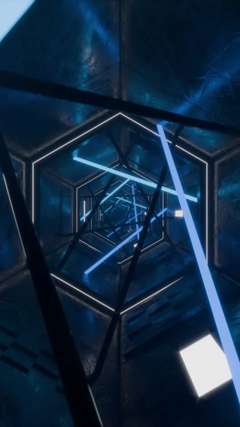 Blue vertical looping background, flythrough glossy tunnel, fluorescent tubes Stock Footage 280046158