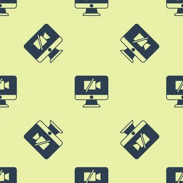 Blue Video camera Off on computer icon isolated seamless pattern on yellow ba Stockillustratie