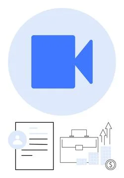 Blue video camera icon with a document featuring a profile, a briefcase, and  Illustrazione stock