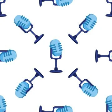 Blue Vintage Microphone Seamless Pattern on White Background Stock Illustration