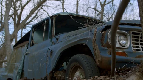 Blue Vintagr Car Old Broken Down Stock Footage 128233295