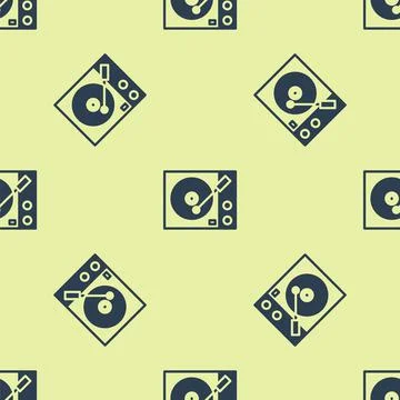 Blue Vinyl player with a vinyl disk icon isolated seamless pattern on yellow Stock Illustration