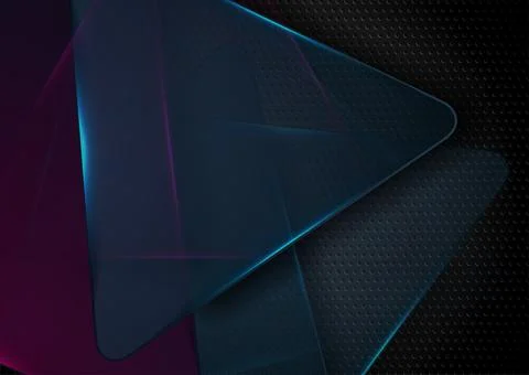 Blue violet glowing neon triangles on black perforated tech texture backgroun 스톡 일러스트