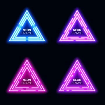 Blue violet neon light triangles set. Techno frame Stock Illustration