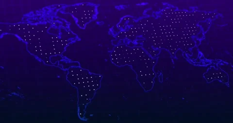 Blue violet neon world map with a white blinking balls over a blurred grid Vídeos de archivo 337432297