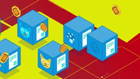 Blue Virtual Blocks NFT CryptoArt. Blockchain Technology. NFT Metaverse Concept. Stock Footage 195436985