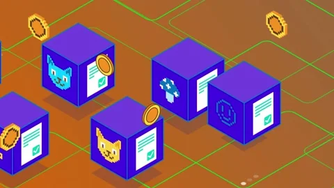 Blue Virtual Blocks NFT CryptoArt. Blockchain Technology. Future Technology. Video stock 195436987