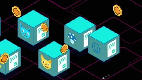 Blue Virtual Blocks NFT CryptoArt on a Black Background. Blockchain Technology. Stock Footage 195437006
