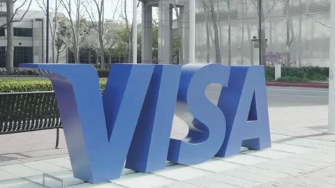 Blue VISA display outside their HQ in Foster City, California Stock Footage 171189810