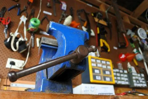 Blue vise in a workshop Stock Photos