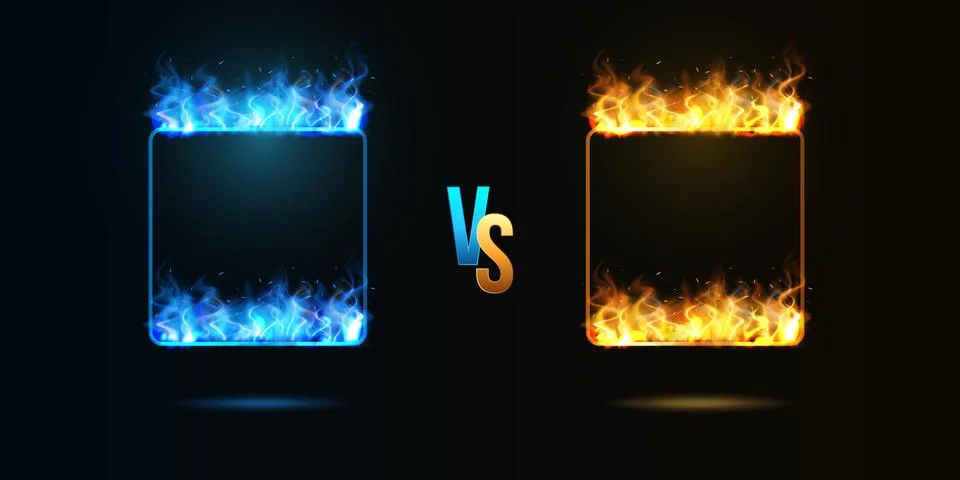 Blue vs orange fire flame frames, vector fiery rectangle shapes with tongues of Illustrazione stock