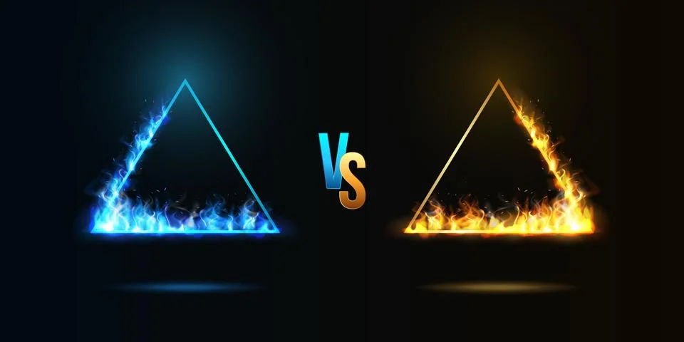 Blue vs orange fire flame frames, vector fiery triangle shapes with tongues of Illustrazione stock
