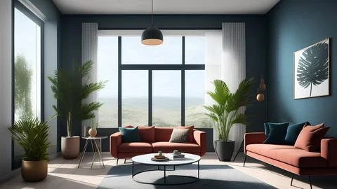 Blue wall and windows in modern interior living room with ginger sofa and r.. Stock Illustration
