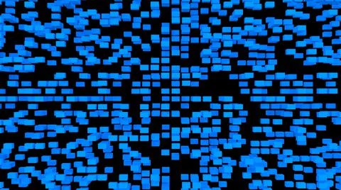 A blue wall of flying cubes on a black background. Textured background.  Stock Illustration