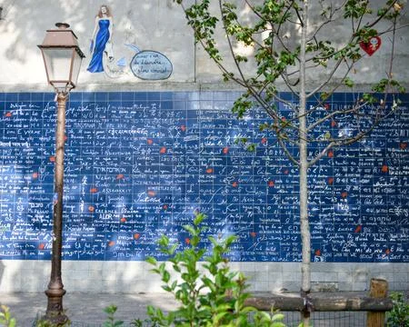 Blue wall of love with tree and lantern in Montmartre Paris October 13 2025 Stock Photos