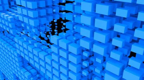 A blue wall of many cubes. Abstract background with flying blue cubes.  Stock Illustration