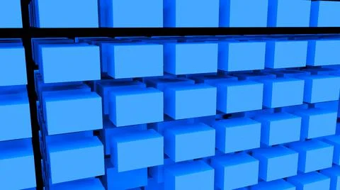 A blue wall of many cubes in close-up. Textured background with blue cubes.  Stock Illustration