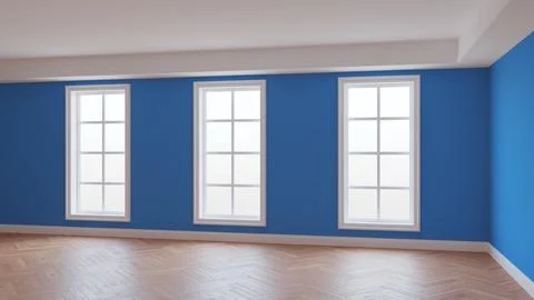 Blue Walls Interior, Three Large Windows, Light Glossy Herringbone Parquet Floor Stock Illustration
