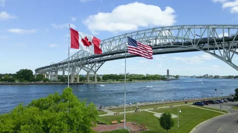 Blue Water Bridge Flags static &amp; dolly Stock Footage 312179705