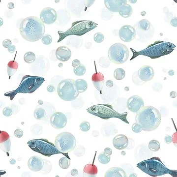 Blue water bubbles of different sizes with fish in a chaotic order, float 스톡 일러스트